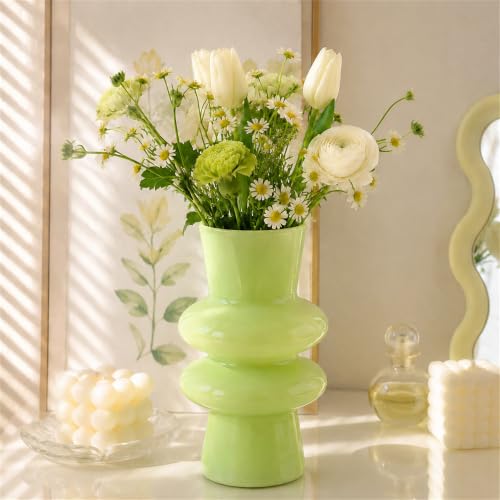 JSPYFITS 7.8 Inch Four- Layer Glass Vase for Flowers, Modern Boho Table Decor, Hydroponic Bubble Glass Vase for Home Décor, Funky Modern Vase for Living Room/Wedding/Party/Office(Milky Green) - color: Milky Green, size: Four-Layer