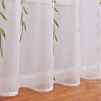 Ufurty 2pcs Willow Leaf Window Curtain Voile Tulle Sheer Vine Curtains - color: Green Leaf, size: 39.4"W x 78.7"L (Pack of 2)