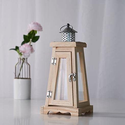 14 Inch Rustic Wooden Candle Lantern, Decorative Candle Lantern Tabletop Centerpiece, Mantle, Wall Hanging, or Garden Display, Indoor & Outdoor Use