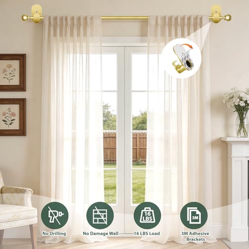 USFOOK Gold Curtain Rods No Drilling 16 to 30 Inch, Adhesive Window Rod - color: Gold, size: 16-30"