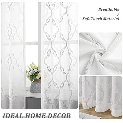 VISIONTEX Grey and White Sheer Curtains Moroccan Embroidered 96 Inches - color: A-grey, size: 54"W x 96"L (Pack of 2)