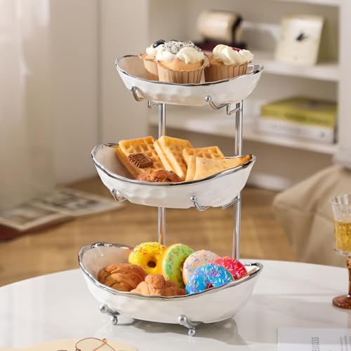 XUDREZ 3 Tier Fruit Bowl with Metal Stand for Kitchen Counter, Ceramic White Gold Silver, Tiered Fruit Basket for Nuts, Snacks, Bread, Candy Storage (White B) - color: White B