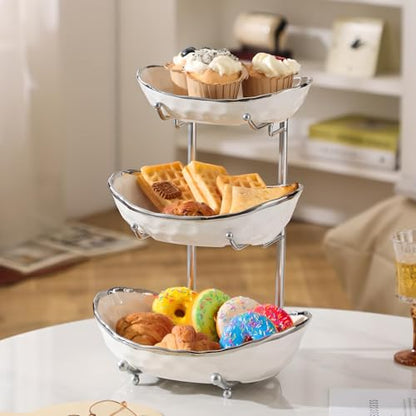 XUDREZ 3 Tier Fruit Bowl with Metal Stand for Kitchen Counter, Ceramic White Gold Silver, Tiered Fruit Basket for Nuts, Snacks, Bread, Candy Storage (White B) - color: White B