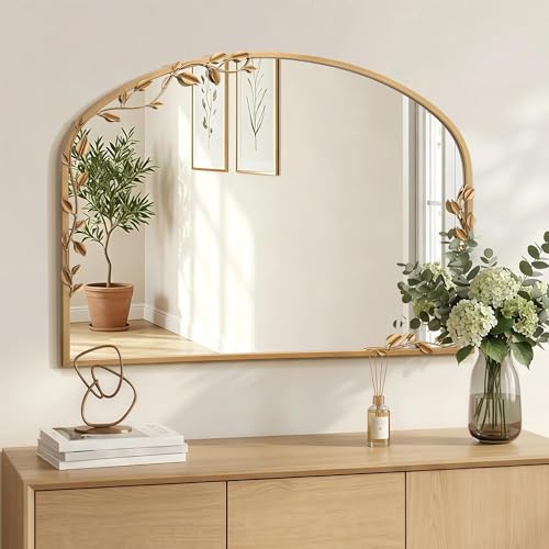 Besdomus Ornate Arched Wall Mirror: 40"x30" Large Gold Fireplace Mirror - size: 40"L x 30"W