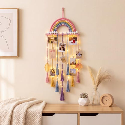Rainbow Macrame Wall Decor Hanging Photo Display with Light Tassel