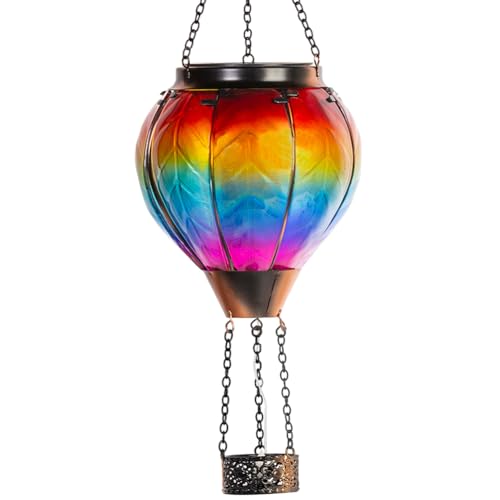 Starsoul Hot Air Balloon Solar Lantern with Candle Holder Flickering Flame Hanging Garden Light Waterproof Glass Solar Lanterns Outdoor Waterproof Decorative for Lawn Porch Tree Yard - color: A-Colorful