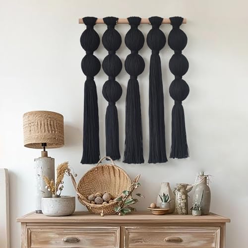 Jakalin Macrame Wall Hanging Black Boho Tassel Fiber Wall Art 19.6"Lx15.7"W - color: Black