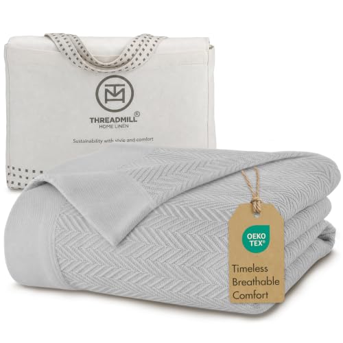 Threadmill Luxury 100% Cotton Queen Herringbone Blanket, Light Grey - color: Light Grey, size: Queen (90" x 92")