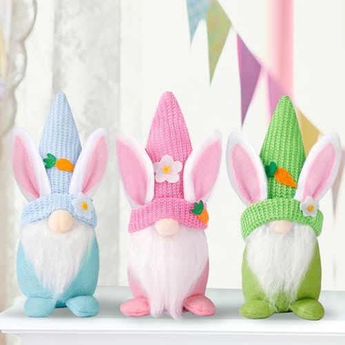 Sggvecsy Easter Gnomes Decorations 3Pcs Bunny Spring Tomte Nisse Swedish Rabbit Plush Scandinavian Faceless Dwarf Handmade Elf for Table Ornament Home Decor