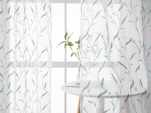 Teal Embroidered Leaf Sheer Curtains 84 Inches Long 2 Panels for Living Room Bedroom, Wheat Leaves Vine Faux Linen Semi Sheer Tulle Curtain Drapes Rod Pocket Floral Sheer Window Treatments - color: Blue, size: 52"W x 84"L (Pack of 2)