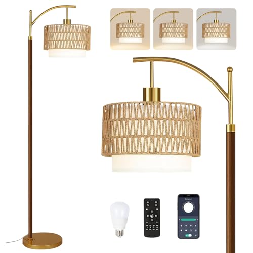 QIYIZM Rattan Floor Lamp for Living Room,Bedroom,Boho Standing Lamp with Remote Dimmable,Wood Vintage Mid Century Modern Gold Tall Lamp Wicker Lamp Shade Floor Lights Bohemian Tiffany Style - size: Floor Lamp--35