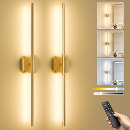 Battery Operated Wall Sconces Set of Two, Wireless Wall Lights Touch & Remote Control Rechargeable LED Wall Lamp 2700K-6000K Dimmable Lights for Living Room Bedroom Bathroom Hallway( 29 ", Gold) - color: Gold