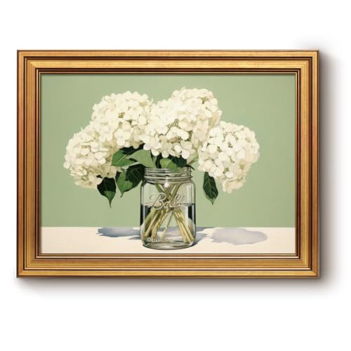 Bzstyleart White Hydrangea Gold Framed Vintage Wall Art Decor 12×16inch | Sage Green Background Floral Oil Painting Print, Farmhouse Wall Decor for Kitchen Living Room Bedroom, Easy to Hang - color: Floral-Hydrangea Framed Art, size: 16"L x 12"W