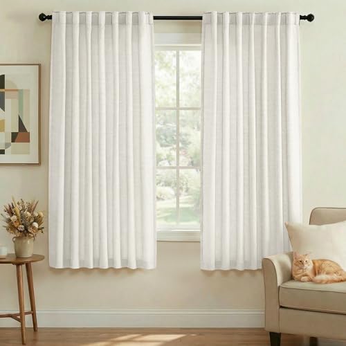 PrinceDeco White Linen Semi Sheer Curtains for Bedroom/Living Room,52x63 - color: White, size: 52"W x 63"L (Pack of 2)