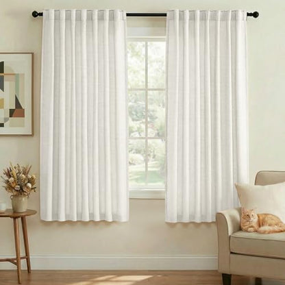 PrinceDeco White Linen Semi Sheer Curtains for Bedroom/Living Room,52x63 - color: White, size: 52"W x 63"L (Pack of 2)