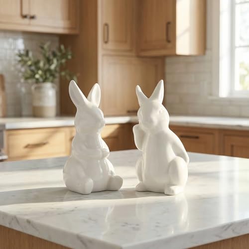 2Pcs Easter Bunny Figurines White Ceramic Rabbit Statues for Spring Home Decoration, Small Animal Sculpture for Tabletop Centerpiece, Cute Mini Holiday Party Shelf Ornaments
