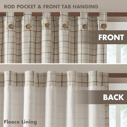 Madison Park Plaid Curtain, Fleece Lining,1 Panel, 50x84 Natural Front Tab - color: Rod Pocket & Front Tab With Button, Natural, size: 50"W x 84"L (Pack of 1)
