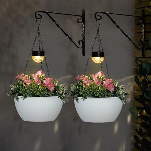 BAYN 2 Packs Solar Hanging Basket Planters for Plants Outdoor - color: White