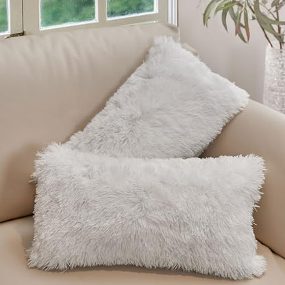 Cheer Collection Throw Pillows for Couch and Bed, Soft Shaggy Throw Pillows with Inserts Included, Cozy Long Hair Faux Fur Pillows - Set of 2-12" x 20" - White - color: White, size: 12" x 20"