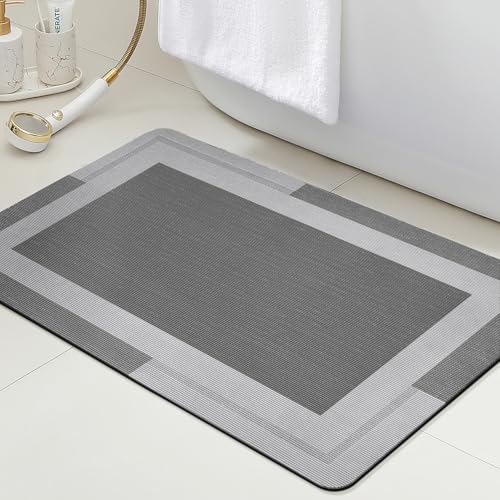 ACCUMTEK Non Slip Bath Mat, Thin Bathroom Rugs Fit Under Door, Quick Dry Bath Mats, Machine Washable Bath Rugs for Bathroom, Bathtub & Kitchen, Grey/Bordered/24 x17 - color: Grey, size: 1'5" x 2' (Rectangular)