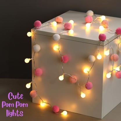 9.84FT Pom Poms Fairy Lights 30 LED Battery & USB Operated String Lights - color: Pink, size: 9.84 FT
