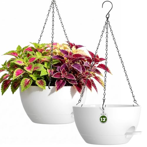13 Inch Large Self Watering Hanging Planters 2 Pack with Saucers - color: White, size: 13 Inch 2 Pack