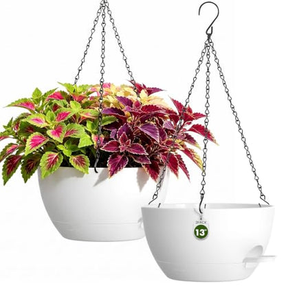 13 Inch Large Self Watering Hanging Planters 2 Pack with Saucers - color: White, size: 13 Inch 2 Pack