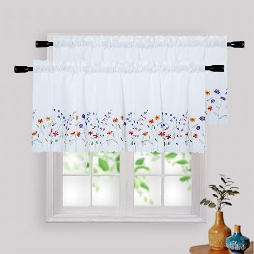 2PC PKT Floral Embroidery Curtain Valance, White Elegant Decorative Flowers Window Valances,Valances for Windows Living Room,Rod Pocket W52XL18 inch (Flowers) - size: 52"W x 18"L (Pack of 2)