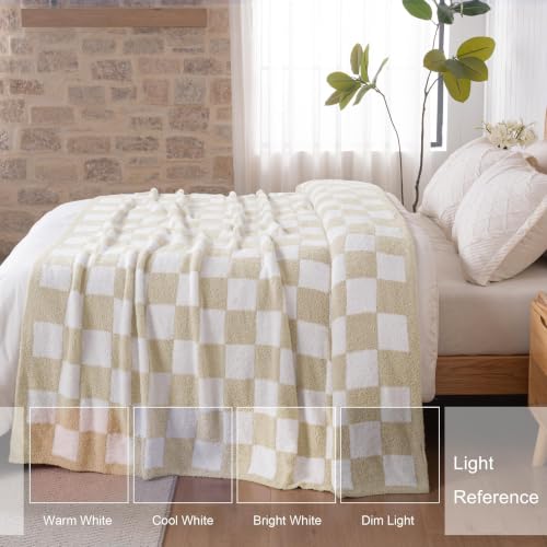 Exclusivo Mezcla Checkered Knit Throw Blanket for Couch, Khaki - color: Khaki, size: Throw (50"x60")
