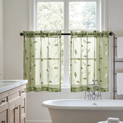 MIULEE Sage Green Sheer Curtains 2 Panels Leaf Patterned, W30 x L30 - color: Sage Green, size: 30"W x 30"L (Pack of 2)
