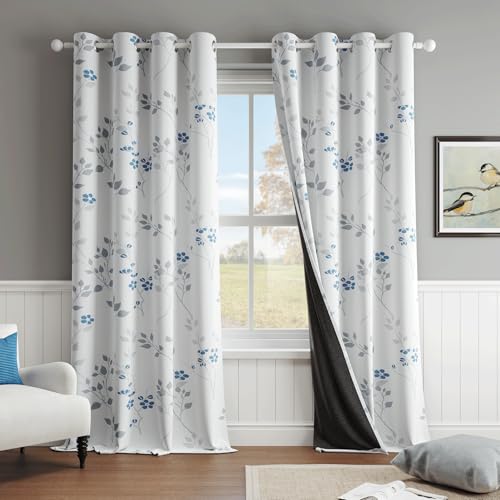 Beauoop Floral 100% Blackout Curtains for Bedroom Blue Grey 52X108 2 Panels - color: Grommet | Blue Grey, size: 52"W x 108"L (Pack of 2)