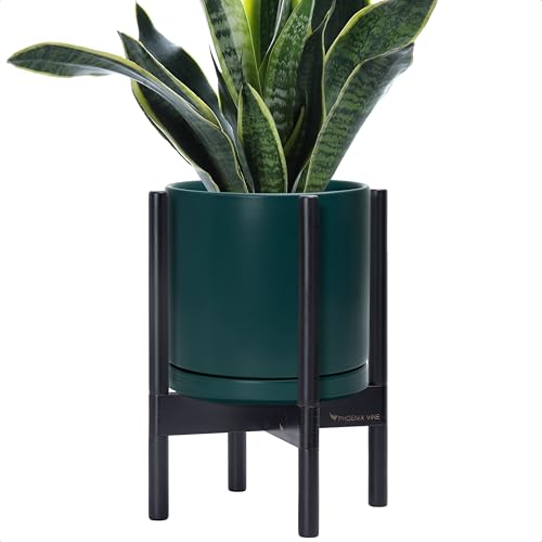 D'vine Dev Ceramic Pot with Ebony Wood Stand, Teal, 10 in, 55-B-L-4 - color: Teal Pot + Ebony Stand, size: 10 Inch
