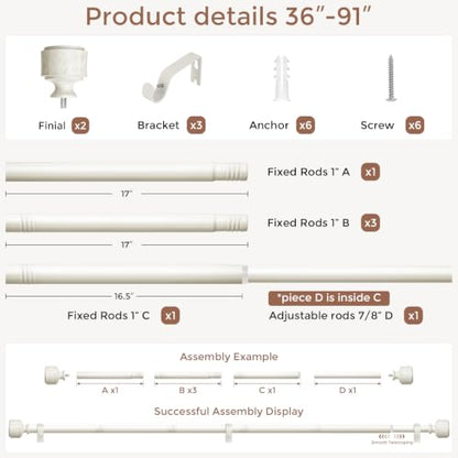Antique White Wood Curtain Rod 36-91 Inch, Farmhouse Drapery Rods - color: Off White, size: 36"-91" (1 Pack)