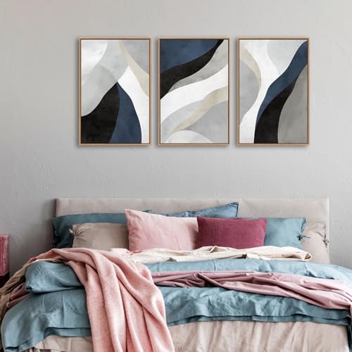 Large Abstract Framed Wall Art, Modern Blue Grey Canvas Pictures, 16"X24"X3 - color: Navy, size: 16" X 24" X 3pieces Framed