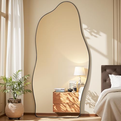 Antok Irregular Full Length Mirror, 76"x36" Asymmetrical Floor Mirror with Stand, Standing Hanging Leaning Irregular Mirrors for Bedroom Living Room Entryway, Cloud Shaped, Black - color: Black, size: 76"L x 36"W, style: Cloud Shaped Style