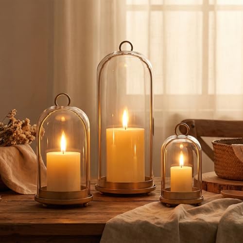 15"&9"&7" Hurricane Glass Candle Holders Set of 3 - color: Brass