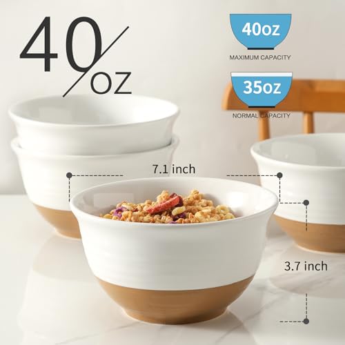 HASENSE Large Ceramic Soup Bowls Set of 4, 40 Oz 7 Inch White & Terracotta Stoneware Mixing Bowls, Farmhouse Bowls for Cereal, Salad, Pasta & Ramen, Dishwasher & Microwave Safe - color: White, size: 40 oz