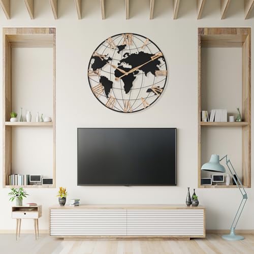 Pytha Sight 30 Inch Large Extra Giant Oversized Metal World Map Wall Clock - color: Gold Roman, size: 30 inch
