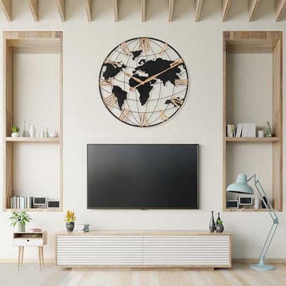 Pytha Sight 30 Inch Large Extra Giant Oversized Metal World Map Wall Clock - color: Gold Roman, size: 30 inch
