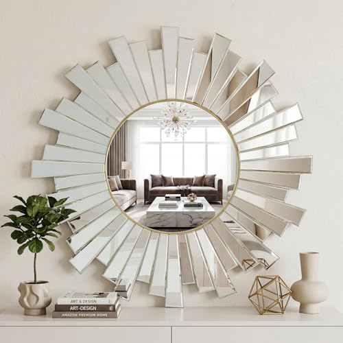 Large Round Sunburst Mirror, 26" Modern Starburst Decorative Wall Mirror - color: Gold-26 Inch