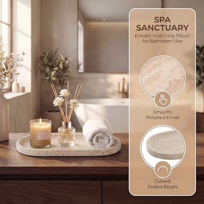 YKAJO Natural Travertine Beige Oval Marble Tray, 11.8x5.9 Vanity Organizer - color: Natural Travertine Beige, size: 11.8" x 5.9" x 0.6"