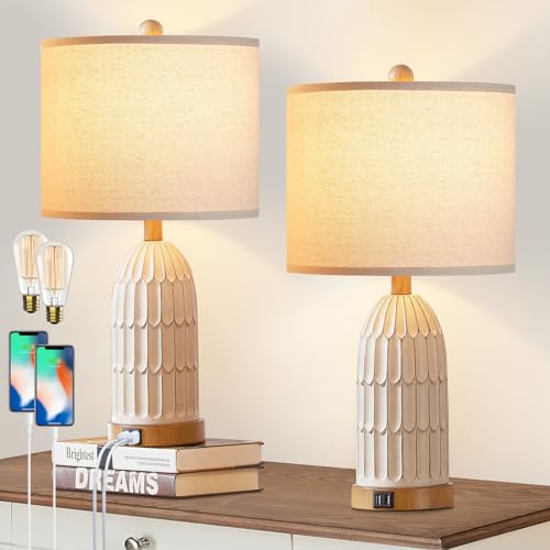 Cinkeda Farmhouse Table Lamps Set of 2,Nightstand Bedside Lamps for Bedroom - color: Cream