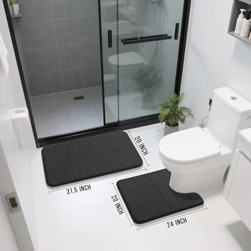 Yimobra Memory Foam Bathroom Mat Set, 31.5 x 20 & 24 x 20 in, Black - color: Black, size: 31.5x20+24x20 Inch