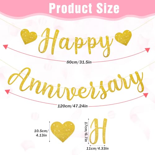 Pre-Strung Happy Anniversary Banner, Happy Anniversary Decorations Glitter Wedding Bunting Banner Flag No DIY Party Decoration Garland for Anniversary