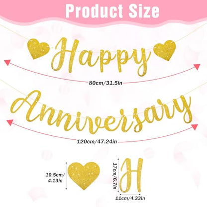 Pre-Strung Happy Anniversary Banner, Happy Anniversary Decorations Glitter Wedding Bunting Banner Flag No DIY Party Decoration Garland for Anniversary