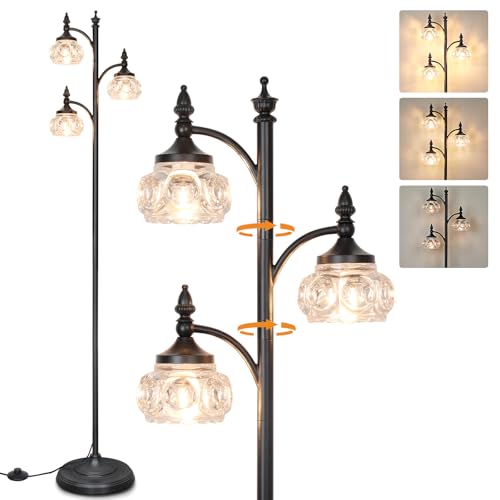 JUNNAI Black Floor Lamp for Living Room,Tall Standing Lamp Dimmable Tree Floor Lamps with 3 Rotatable Lights Glass Shade 66.5'' Modern Corner Lamp for Bedroom Office(3LED Bulbs Included) - color: Black
