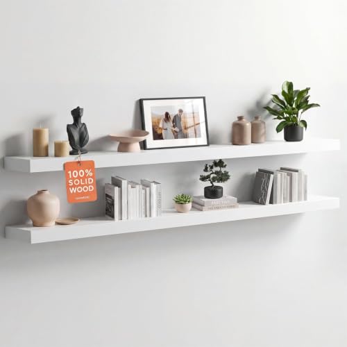 Homeforia 60 Inch Floating Shelves, High-End Solid Pine Wood, Set of 2 - color: Classic White - Soft Neutral Satin, size: 60 inch