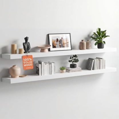 Homeforia 60 Inch Floating Shelves, High-End Solid Pine Wood, Set of 2 - color: Classic White - Soft Neutral Satin, size: 60 inch