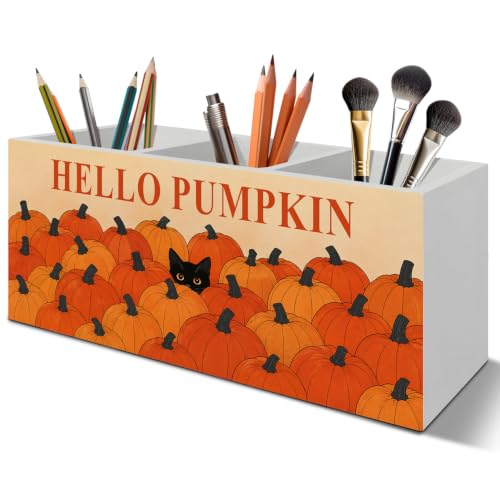 Fall Pumpkin Black Cat Pen Pencil Holder Organizer for Desk - color: Fall cat