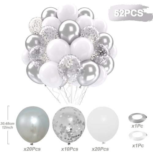 Patimate White and Silver Balloons Set 50 pcs 12 inch - color: White Silver